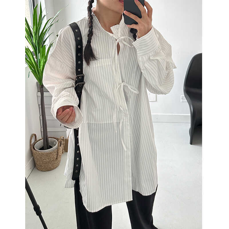 Non-Addictive Niche Design, Ascetic Style, Deconstructed Drawstring Tie, Vertical Striped Shirt, Loose Casual High-End Shirt for Men