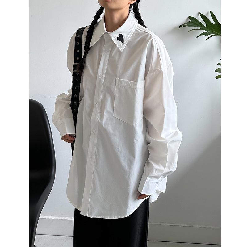 Non-Addictive Niche Design Heavy-Duty Heart Embroidery White Oversized Shirt Loose Casual High-End Shirt for Men and Women