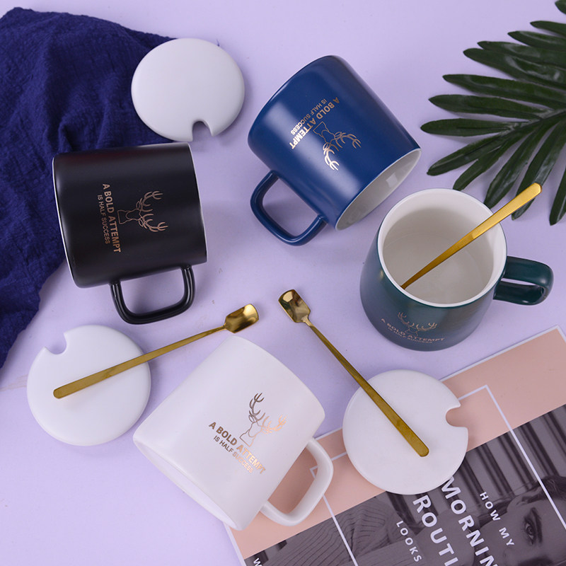 Nordic Elk Deer Coffee Cup Creative ceramic mug minimalist with lid spoon mark cup office tea cup home water glass