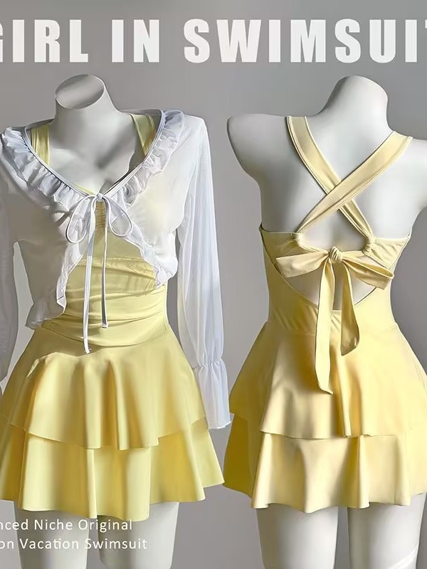 2026 New Style Swimsuit for Women, One-Piece Skirt Style, Pure and Sexy, Backless with Bow, Cute with Chest Pads, Suitable for Hot Springs