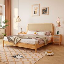Rattan solid wood bed 1 8 meters modern simple wabi-sabi wind bed home Nordic retro log Japanese-style bed and breakfast rattan bed