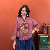 (Hangzhou Hiriu dress) Ethnic wind Heavy work embroidery blouses 2021 spring and summer cotton linen embroidered lace shirts