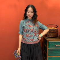 (Hangzhou Hiriu Apparel) Hemp Heavy Work Embroidery Blouse for the summer and ethnic wind embroidered floral collar disc clasp