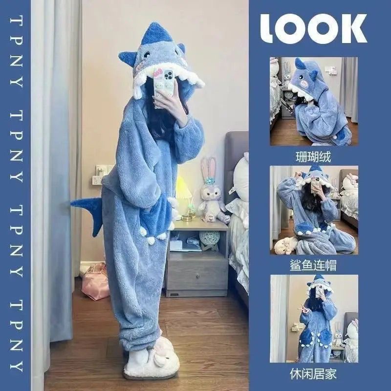 Coral Velvet Adult One-Piece Shark Pajamas for Women in Autumn and Winter, Cute, Thickened and Warm, Students Can Wear Them Outside as Home Clothes