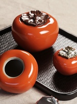 Large persimmon tea can Jingdezhen ceramic travel mini portable ornaments Sealed storage tea warehouse gift box