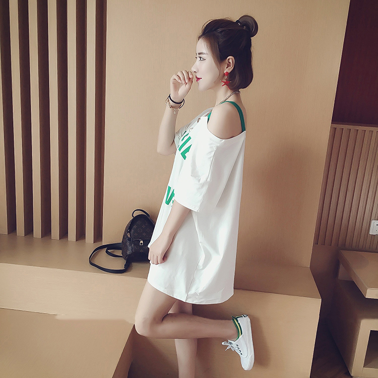 Mùa hè 2018 mới Han Fan đoạn ngắn i váy ngủ ngắn tay nữ quây lỏng lẻo xéo vai xéo quần dài đoạn đầm đẹp dự tiệc