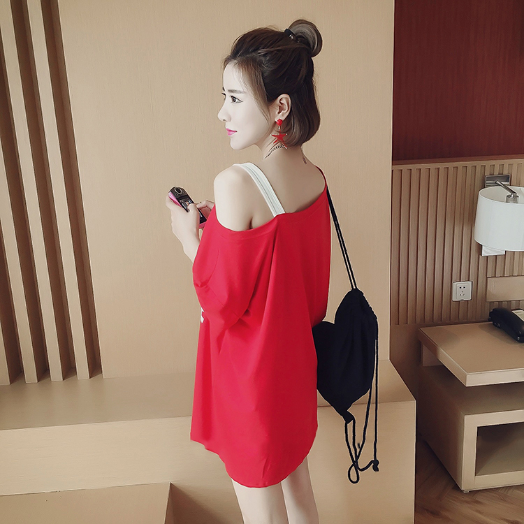 Mùa hè 2018 mới Han Fan đoạn ngắn i váy ngủ ngắn tay nữ quây lỏng lẻo xéo vai xéo quần dài đoạn đầm đẹp dự tiệc