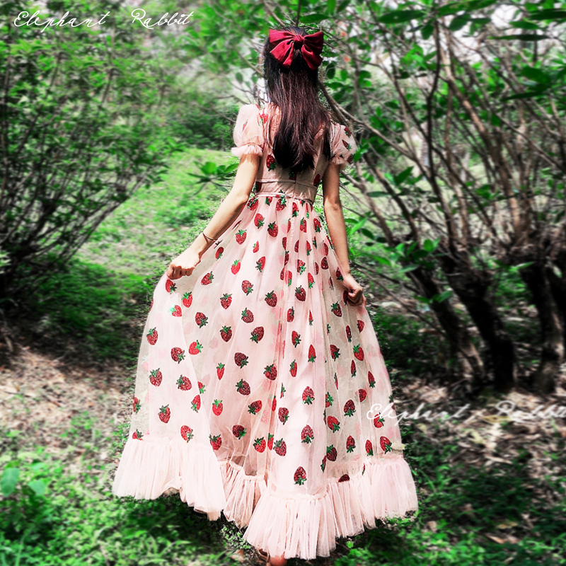 French-Style Super Fairy-Like Sweet and Fresh Strawberry Sequin Princess Dress, Waist-Cinching and Slimming, Long Dress for Beach Vacation Photoshoots