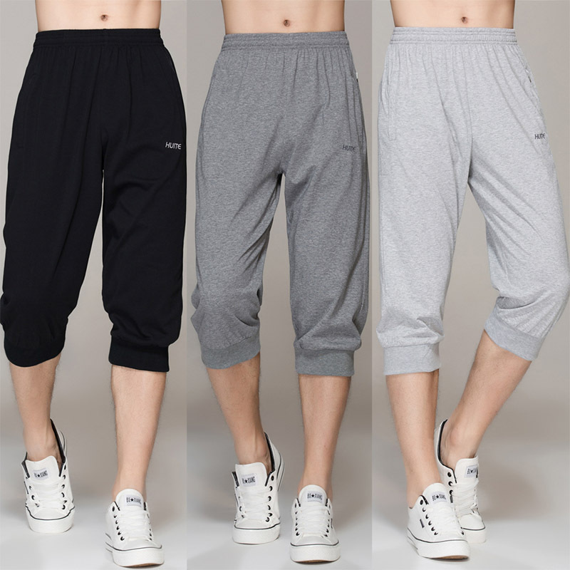 Summer Thin Men's Cotton Sports Shorts, Loose 7/8 Pants, Large Size Casual Mid-Length Pants for Young and Middle-Aged Men