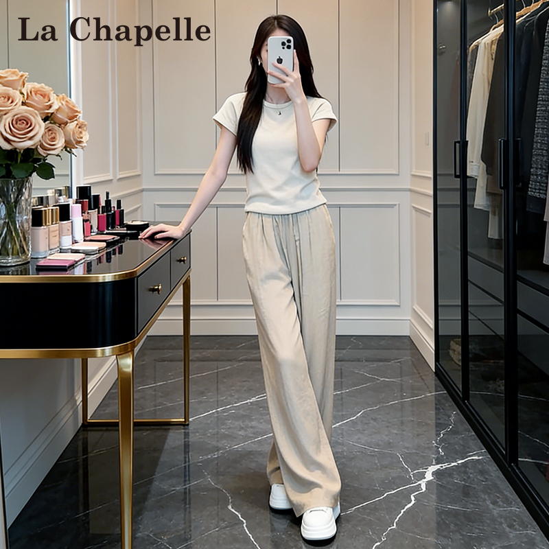 La Chapelle European Style Summer Solid Color Short-Sleeve Wide-Leg Pants Casual Sports Suit for Women, Stylish, Slimming, and Age-Reducing