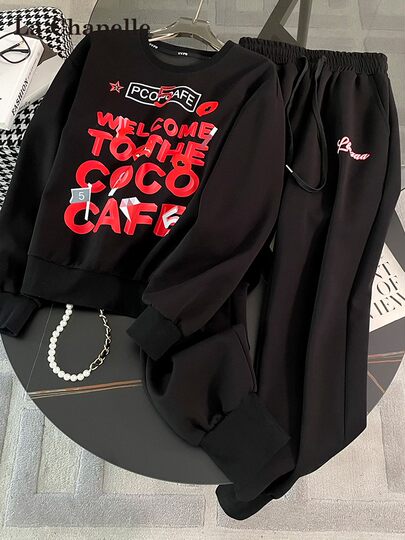 Костюм La Chapelle: флисовая толстовка и спортивные брюки с принтом, повседневный спортивный костюм для женщин, полный комплект для осени и зимы, эффект стройности.