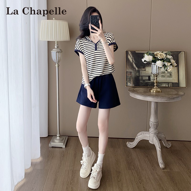 La Chapelle High-End Hooded Blue Striped Short-Sleeved Shorts Casual Sportswear Suit for Women, Summer Style, Age-Reducing La Chapelle High-End Hooded Blue Striped Short-Sleeved Shorts Casual Sportswear Suit for Women, Summer Style, Age-Reducing