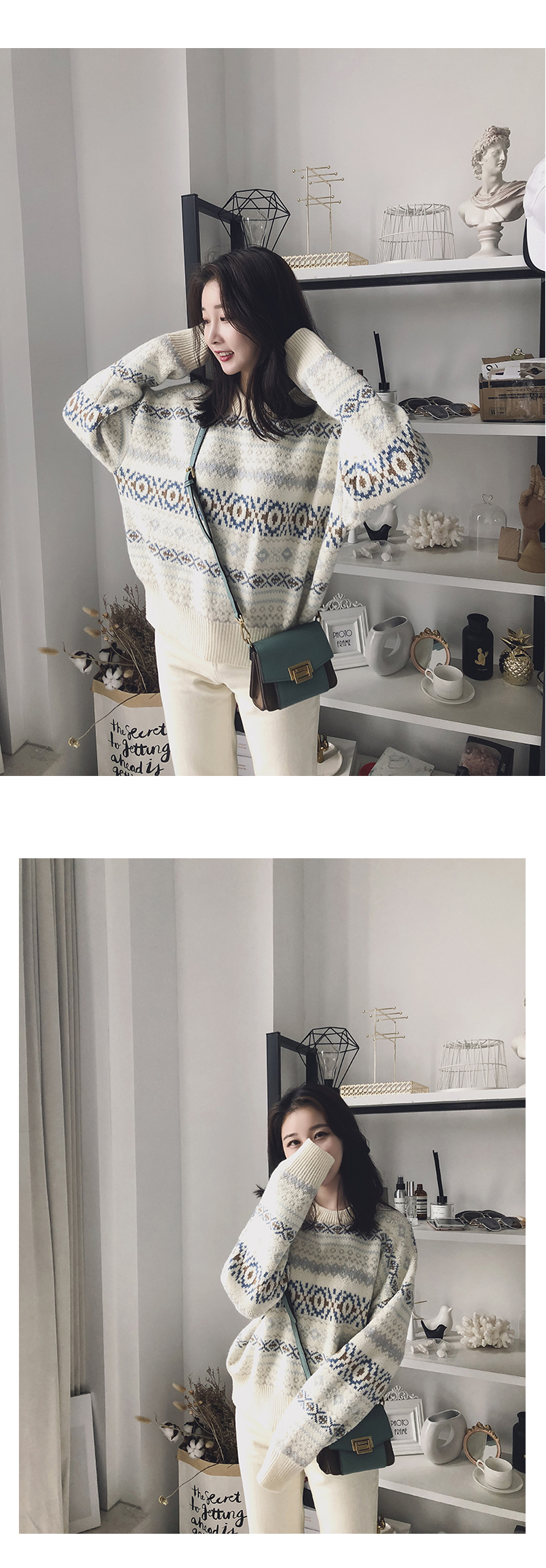 K chị tự chế áo len gió quốc gia Bắc Âu nhấn màu vài mẫu hoa văn màu đen lông thỏ sợi thô cổ tròn đan trên cùng ao kieu dep