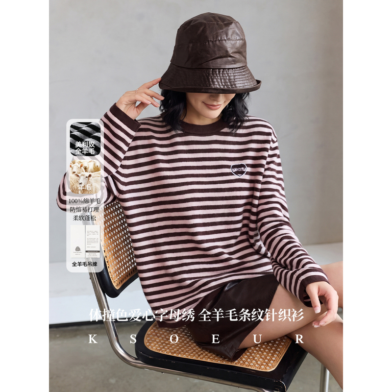 K Sister Ksoeur【Heart Stripe Sweater】Three-Dimensional Contrasting Color Heart Letter Embroidery All-Wool Striped Knit Sweater for Women K Sister Ksoeur【Heart Stripe Sweater】Three-Dimensional Contrasting Color Heart Letter Embroidery All-Wool Striped Knit Sweater for Women