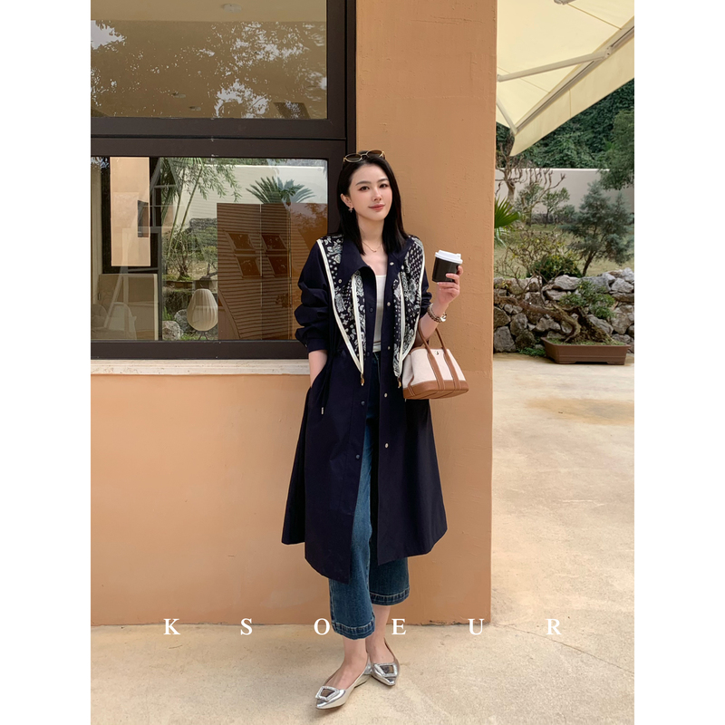 K Sister Ksoeur [Shanghai-Style Trench Coat] Women's Long Trench Coat with Shawl Design, Adjustable Waist, and Casual Feel