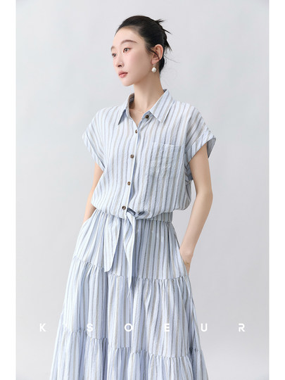 K sister KSOEUR vestido de dos piezas falso de camisa de temperamento exquisito de algodón a rayas fresco y natural para mujer