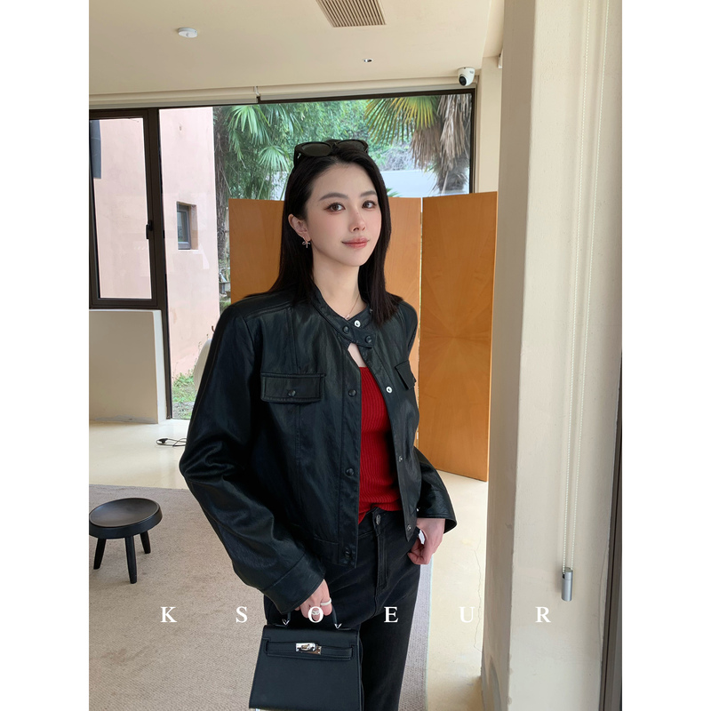Chen Jie Kiki【Yingjili】 High-Quality Metal Soft Leather Short Stand-Up Collar Leather Jacket for Women