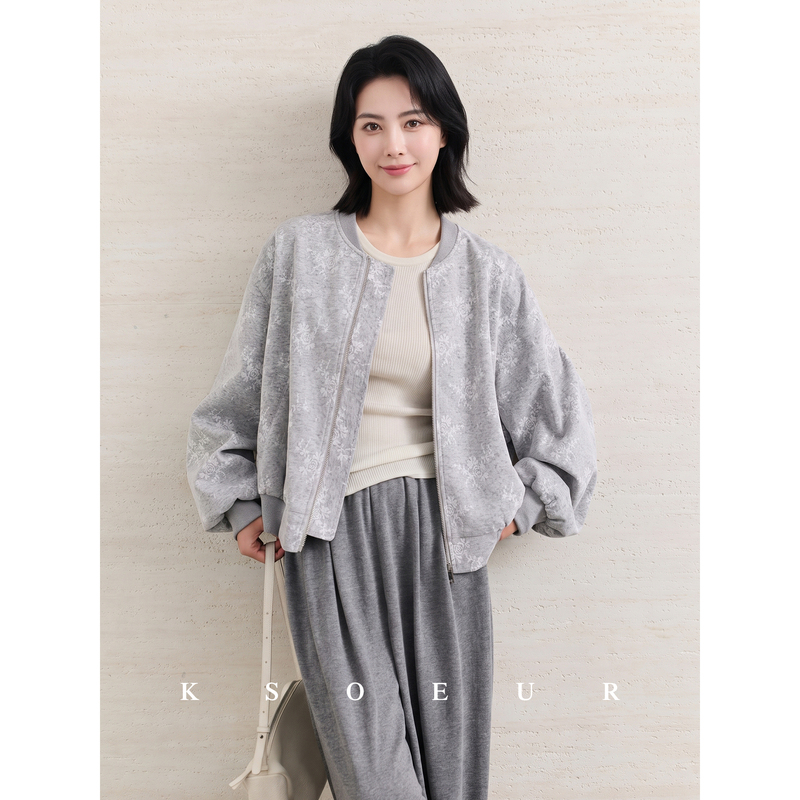 K Sister Ksoeur【Lace Floral Jacket】Lace Composite Knit, Exquisite and Fashionable Baseball Collar Short Jacket K Sister Ksoeur【Lace Floral Jacket】Lace Composite Knit, Exquisite and Fashionable Baseball Collar Short Jacket