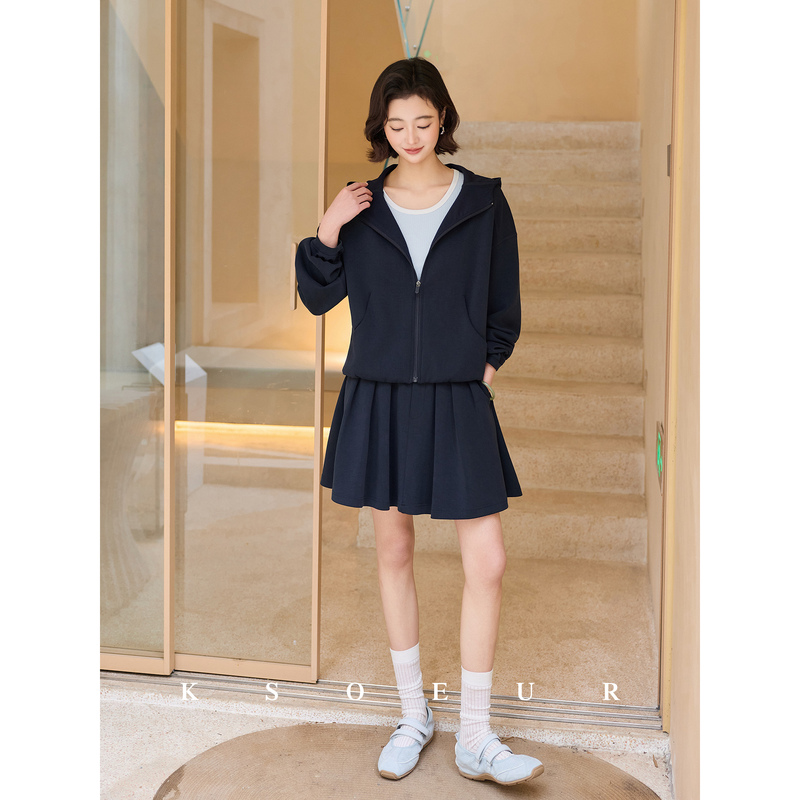 Sister K Ksoeur【Long Island Holiday】Sand-Washed Modal Air Layer Hooded Zip-Up Sweatshirt and Short Skirt Set