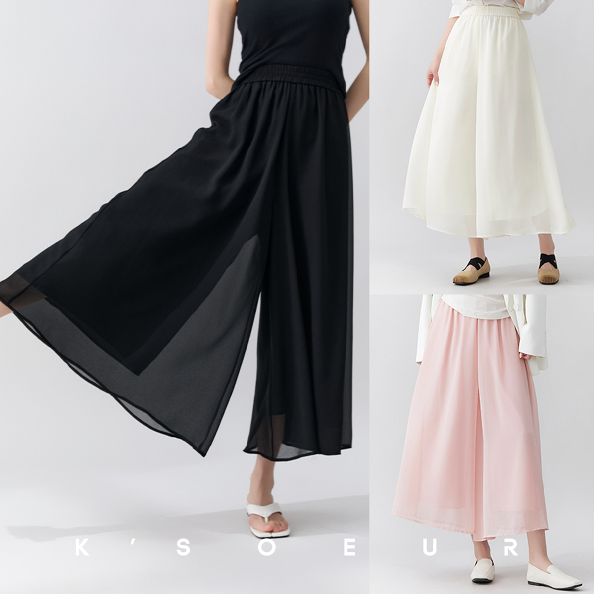 KシスターKSOEUR[フェアリースウィングスカートパンツ]シフォンクリアでエレガントな柔軟なフルゴムウエストカジュアルスカートパンツレディース