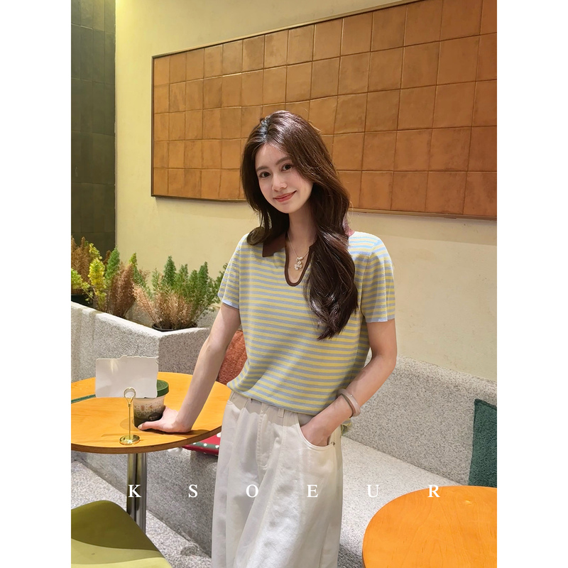 K Sister Ksoeur【Colorful Striped Shirt】Lanjing Tencel U-Shaped Collar Contrast Color Striped Short-Sleeve Knit Shirt for Women