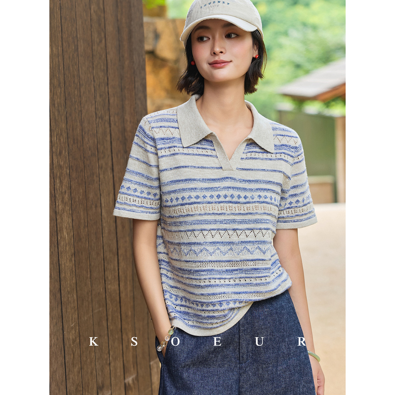 K Sister Ksoeur【Starry Sky Gallery】Retro Crochet Texture Striped Polo Collar Linen Cotton Knitwear for Women