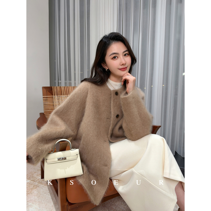 K Sister Ksoeur【Warm and Fluffy】Triple Brushed Mulberry Silk Cashmere Wool Minimalist Round Neck Coat Jacket