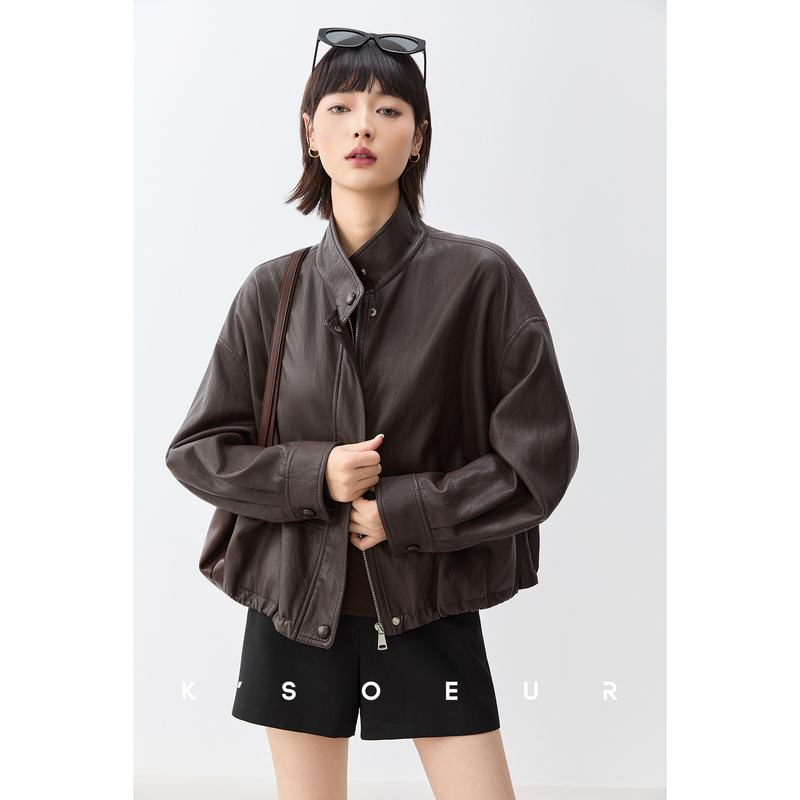 Chen Jie Kiki【Beloved Leather Jacket】Protein Leather Ultra-Soft Short Casual Leather Jacket Coat for Women in Autumn