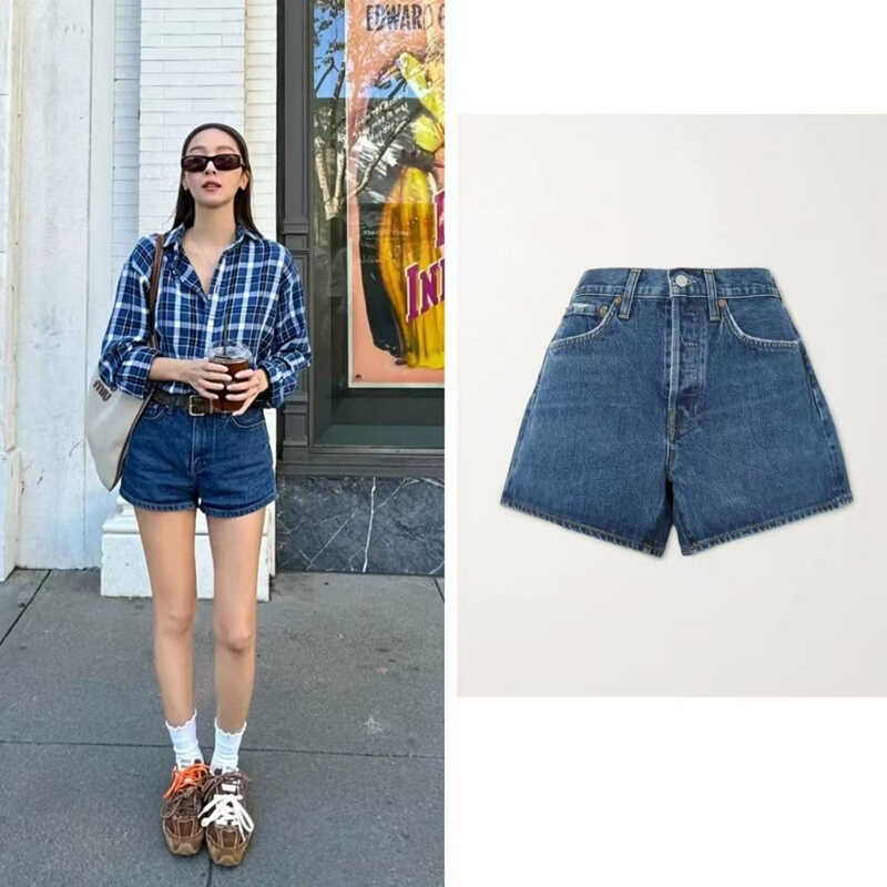 Zheng Xiuyan's Same Style Agolde Denim Shorts for Women, Dark Blue High-Waisted, Slimming, Versatile Hot Pants in Stock