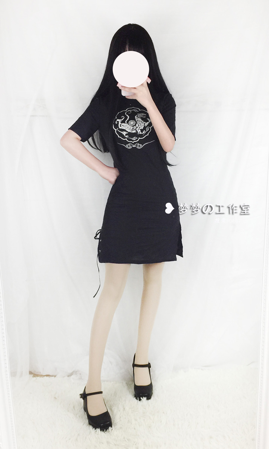 Retro trắng tiger áo sơ mi mềm chị thêu cải thiện ngắn tay sườn xám nữ cứng chị couple gió dress + kem chống nắng áo sơ mi váy đen