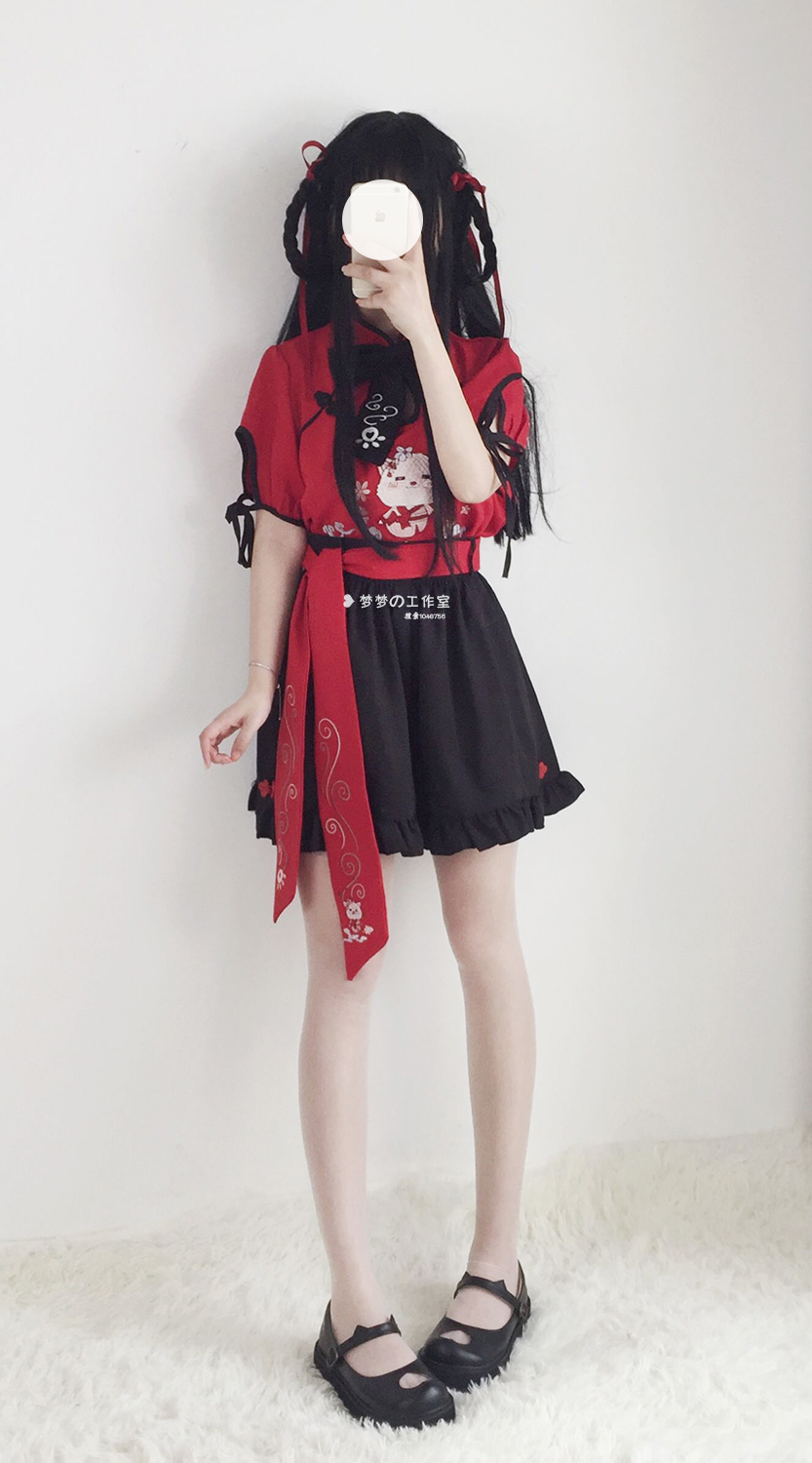 Nhật Bản Han Elemental Cải thiện mùa hè Cô gái sinh viên Gói Cat thêu Thắt lưng Ruffle Quần short quần đùi cotton nữ mặc nhà