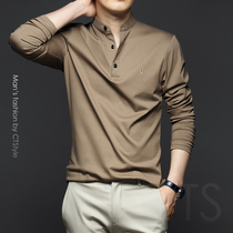 Autumn mens stand neck long sleeve T-shirt mercerized cotton cotton base shirt autumn top 2021 New lapel collar men