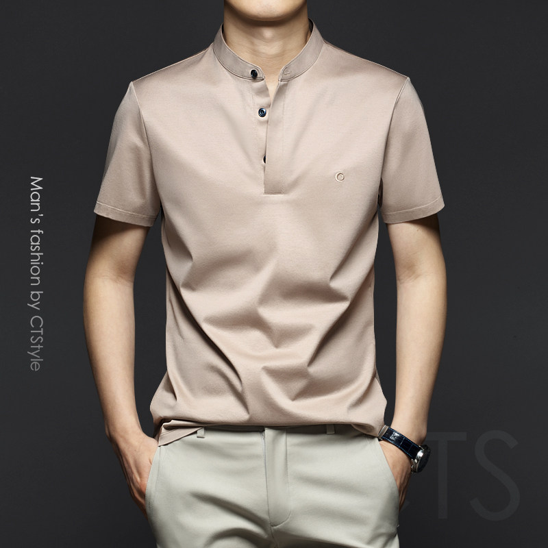 Men's silk light cotton upright collar short sleeve T-shirt POLO shirt ice silk high-end men's clothing 2022 new dad pure cotton summer