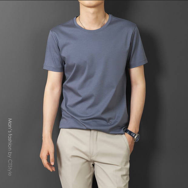 Mùa hè cotton kẻ sọc nam ngắn tay cổ tròn áo thun lụa băng xu hướng cotton từ bi trung niên áo dài tay áo thun nam uniqlo