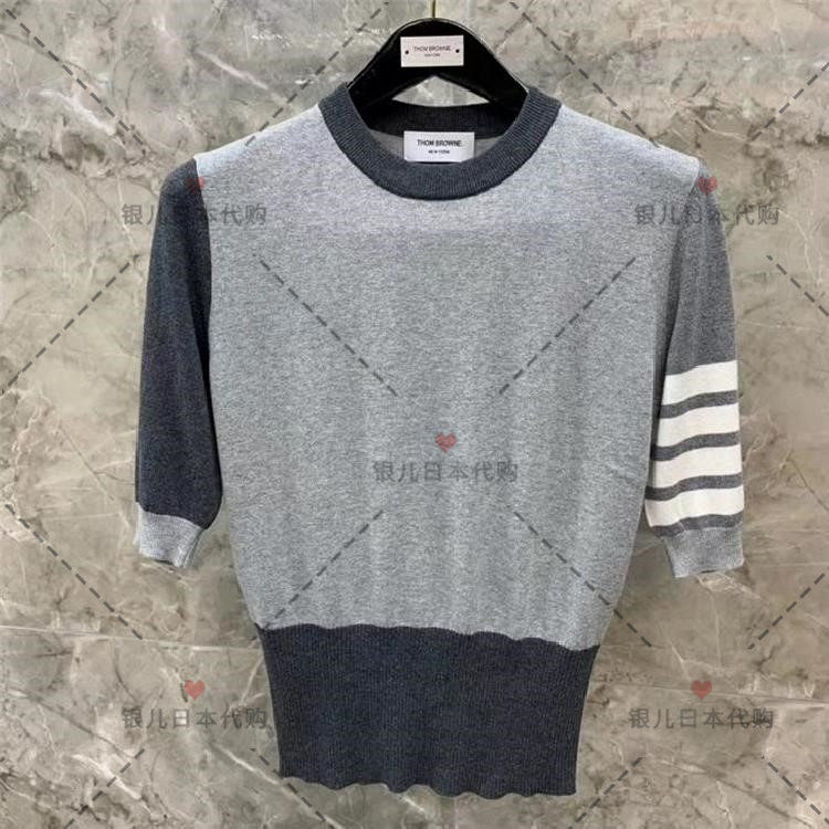 Silver Children's Day Thom Browne 20 Spring Summer TB thin Collared Round Collar Short Sleeve Four-Pass Bar Knit Cardigan Blouse