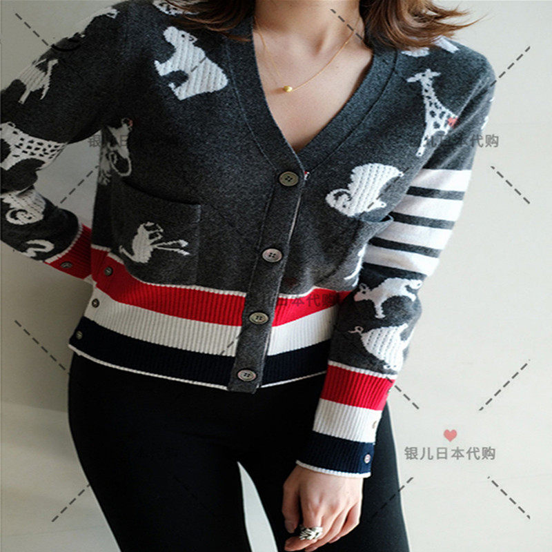 Silver Children's Day Thom Browne21 TB Cardigan Four-bar Animal Pattern Stitch Cardigan Casual Fashion Jacket
