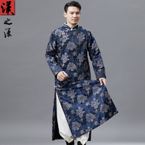 Chinese style mens embossed printed long shirt jacket retro collar Republic of China robe big coat diagonal placket buckle Tang tide