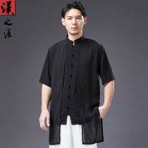 Summer Easing China Wind Leave Two Short Sleeves Shirt Upright Collar Chinese Mens Clothing Retro Tangi Zen Manclothing Linen Clothing