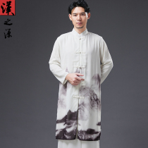 Fake two cotton linen snowspun long shirts with long style mens standing collar Chinese style Tang dress rehearsal for Chinese style Zhanfu