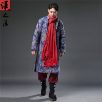 Chinese wind grip dyeing printed cotton padded jacket with long style retro style cotton clothing thickened warm jacket stand collar cotton linen cotton clothing
