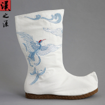 Hanfu Boots Ancient Dress Official Boots Fairy Crane Embroidery Plus Suede Teething Boots Retro China Wind High Help Midcylinder Boots Soap Boots