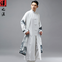 Fake two pieces of cotton and linen jacket antique mens collar Chinese Tang suit performance robe Chinese style Zen Hanfu