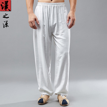 Chinese style closed feet loose linen pants casual retro cotton linen elastic waist trousers Chinese kung fu pants mens pants