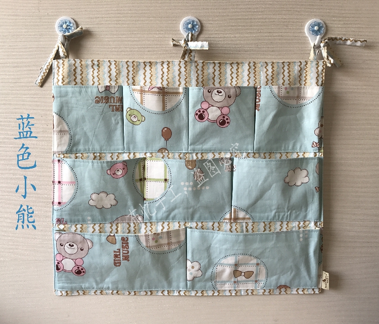 Baby bed storage cotton linen children bear cartoon plaid toy home storage hanging bag handmade custom