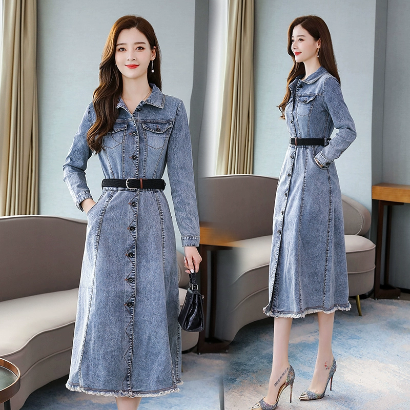 Thời trang váy denim khí chất mùa xuân 2020 mới phổ biến của phụ nữ phiên bản Hàn Quốc của váy dài tay mỏng và dài - Váy eo cao