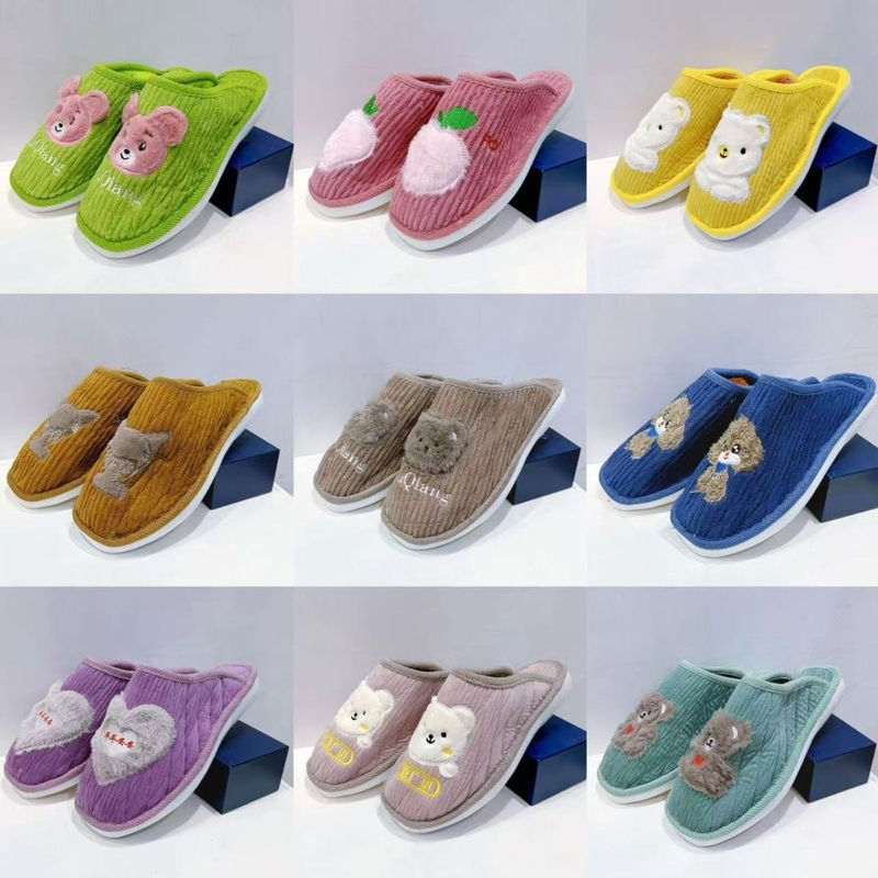 Winter Adult Thick Corduroy Cartoon Slippers for Home, Wedding, Tendon-Soled Finished Slippers, Non-Slip
