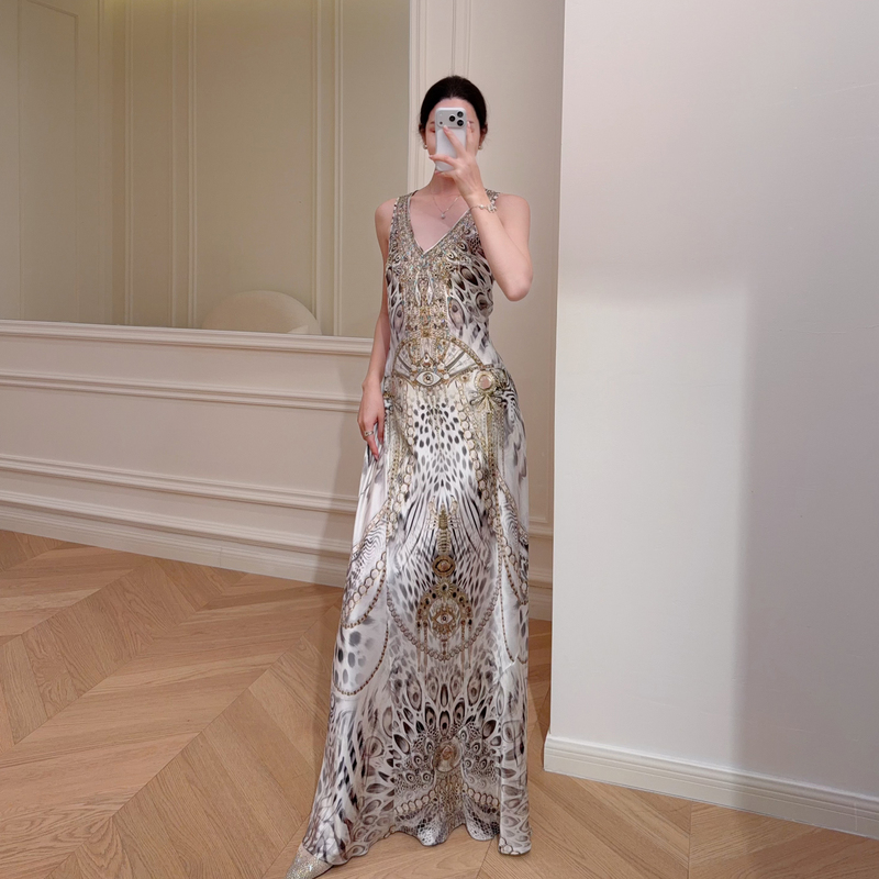 Man Du | 100% Mulberry Silk Vintage Print Light Luxury Rhinestone V-Neck Sleeveless Thin Slim-Fit Silk Dress