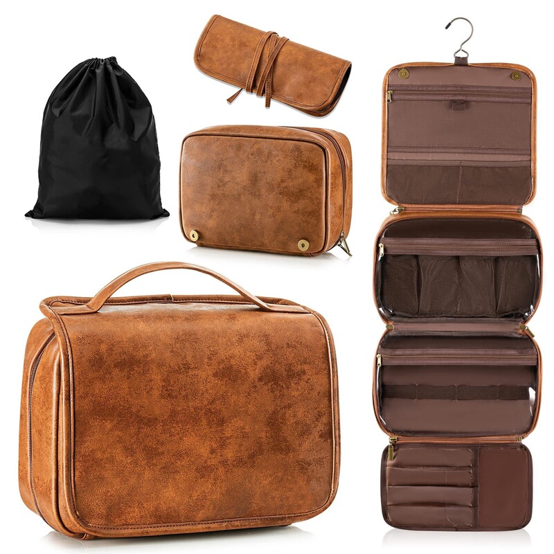 Amazon Horizontal Style Unisex Crazy Horse Leather Toiletry Bag, Multifunctional Large-Capacity Cosmetic Bag for Travel and Business Trips Amazon Horizontal Style Unisex Crazy Horse Leather Toiletry Bag, Multifunctional Large-Capacity Cosmetic Bag for Travel and Business Trips