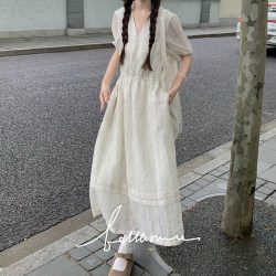 ສິ້ນກະໂປງ Jasmine post-process vertical striped waist long skirt summer summer-neck V-neck slim dress