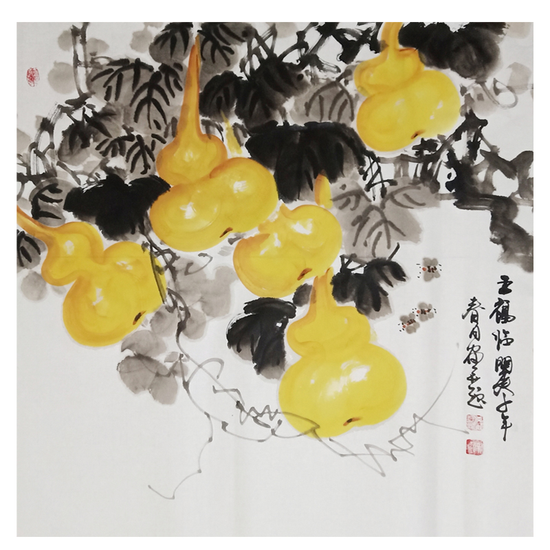 Wufu Linmen new Chinese porch decoration hanging painting Chinese style Chinese painting Feng Shui Lucky Fulu gourd hand-painted hanging painting
